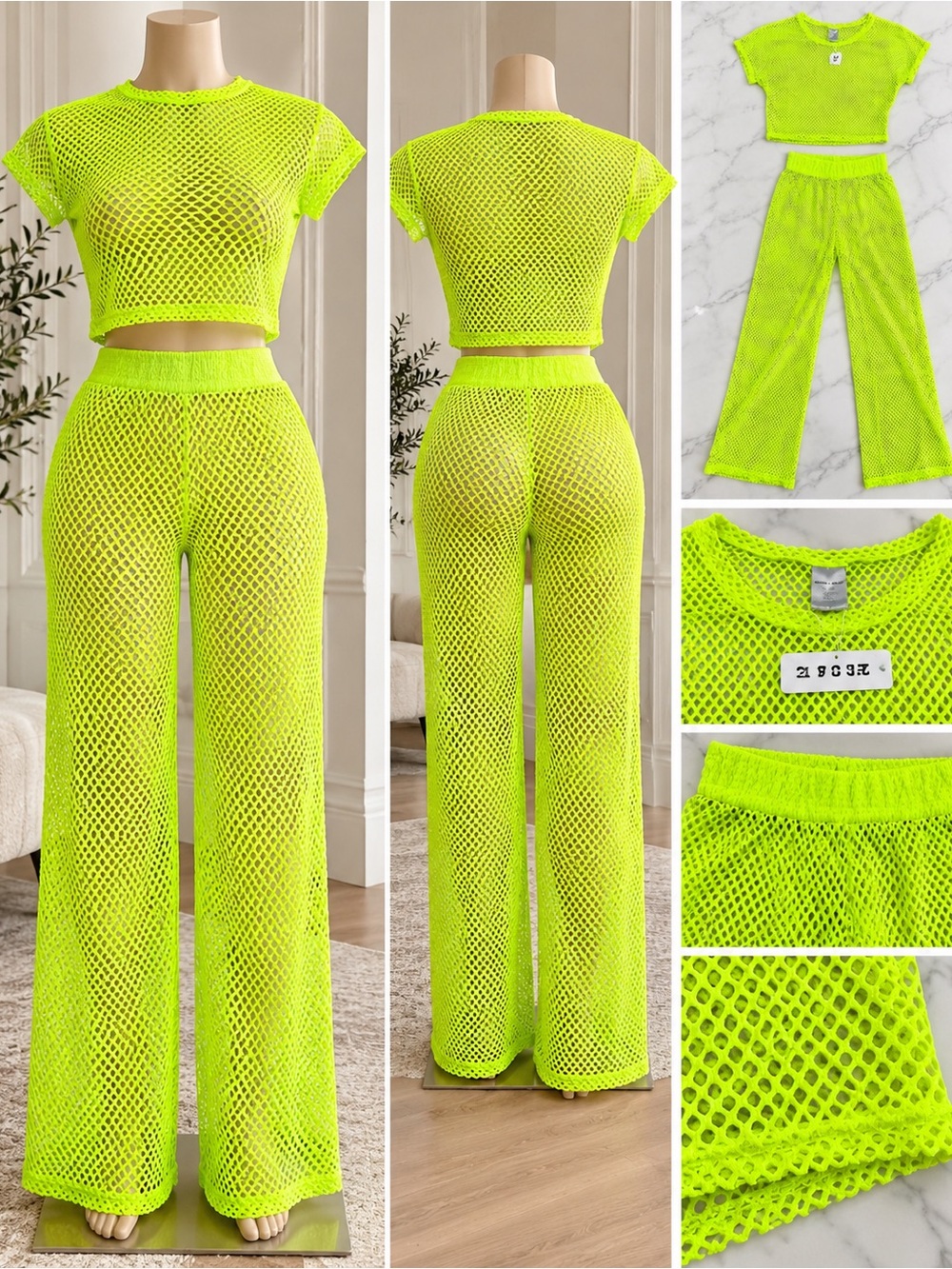 Neon Lime Mesh Two-Piece Pants Set - Women